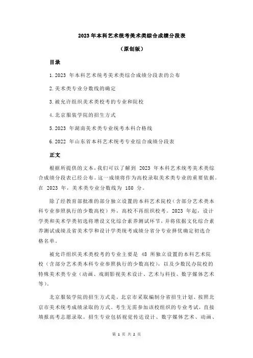 2023年本科艺术统考美术类综合成绩分段表