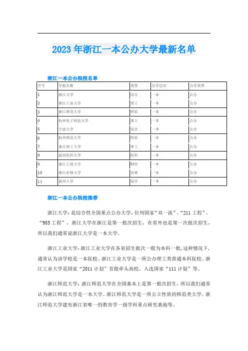 2023年浙江一本公办大学最新名单