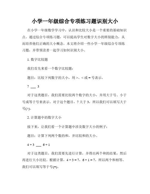 小学一年级综合专项练习题识别大小