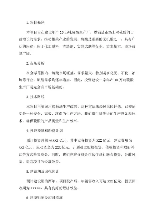 年产10万吨硫酸生产厂建设项目可行性研究报告