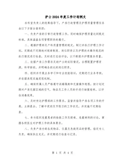 护士2024年度工作计划例文（二篇）