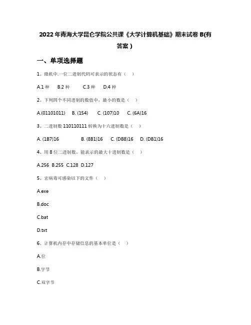 2022年青海大学昆仑学院公共课《大学计算机基础》期末试卷B(有答案)