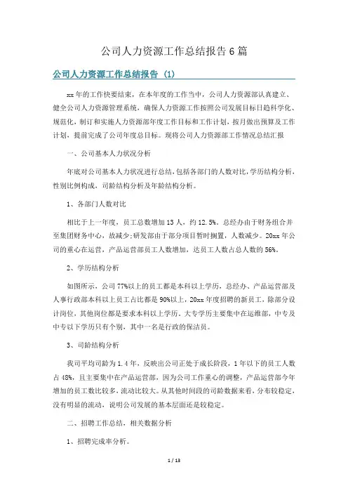 公司人力资源工作总结报告6篇