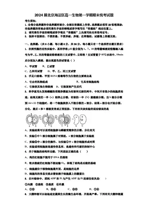 2024届北京海淀区高一生物第一学期期末统考试题含解析