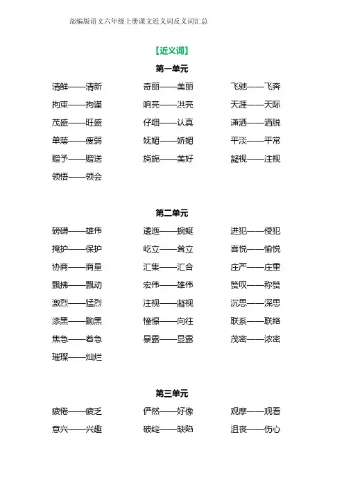 部编版语文六年级上册课文近义词反义词汇总