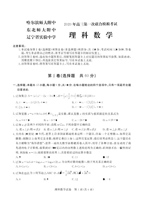 东北三省三校(哈尔滨师大附中、东北师大附中、辽宁省实验中学)2020年高三第一次联合模拟考试理科数学试题