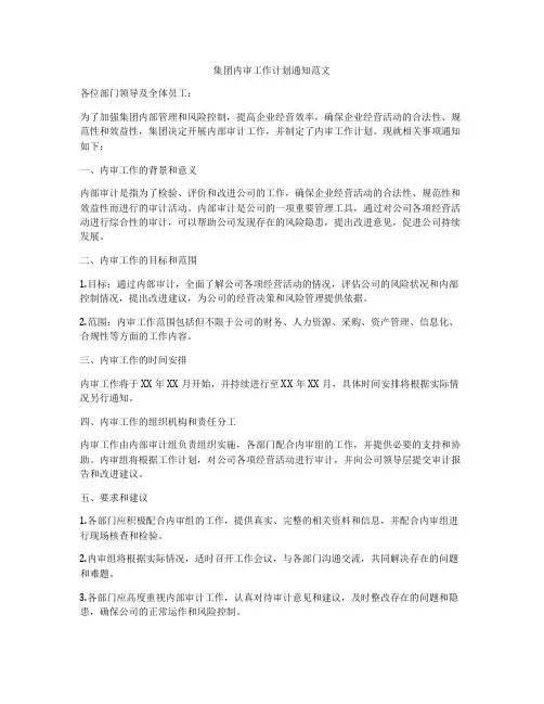 集团内审工作计划通知范文