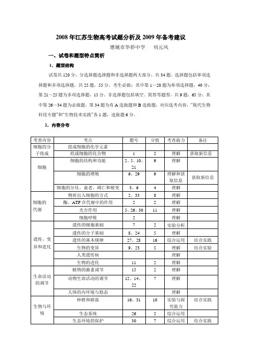 2008年江苏生物高考试题分析及2009年备考建议