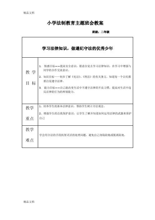 最新小学法制教育主题班会教案——二年级