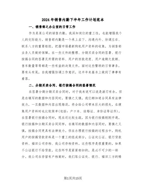 2024年销售内勤下半年工作计划范本(5篇)