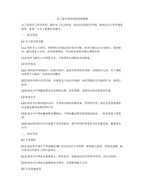 员工宿舍规章制度表格模板