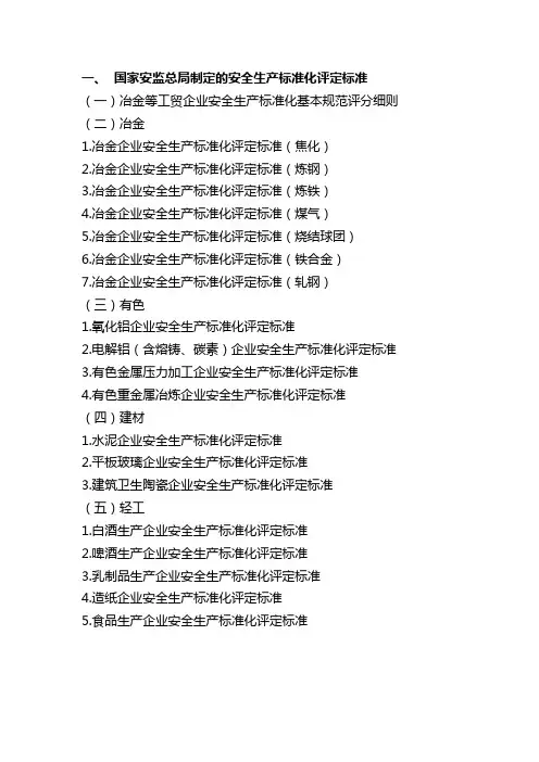 安全生产标准行业分类