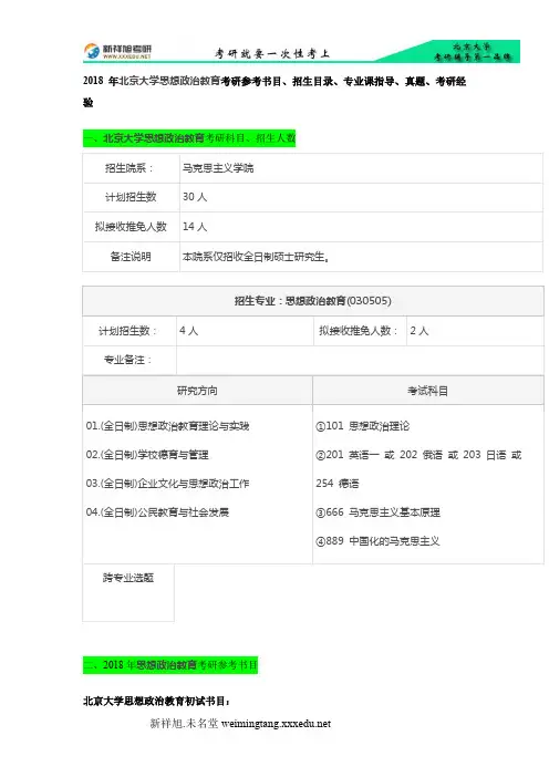 2018年北京大学思想政治教育考研参考书目、招生目录、专业课指导、真题、考研经验