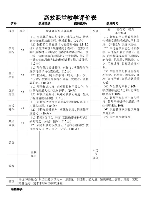 高效课堂评分表