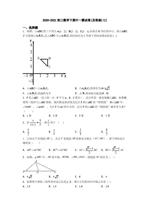 2020-2021初三数学下期中一模试卷(及答案)(1)