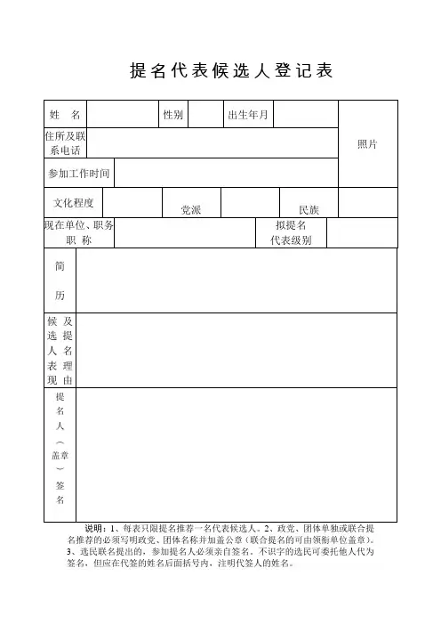 提名代表候选人表格