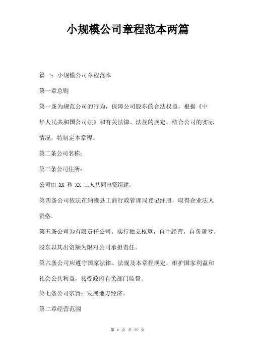 小规模公司章程范本两篇