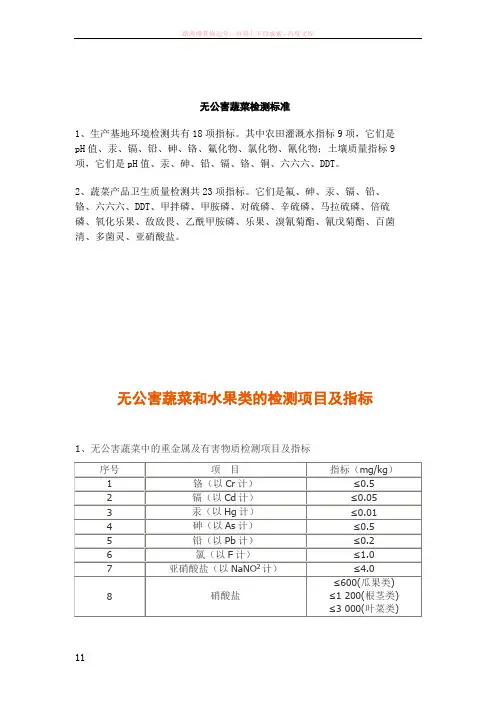 无公害蔬菜和水果类的检测项目及指标