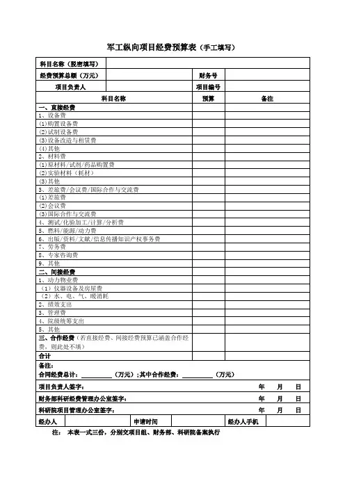 军工纵向项目经费预算表