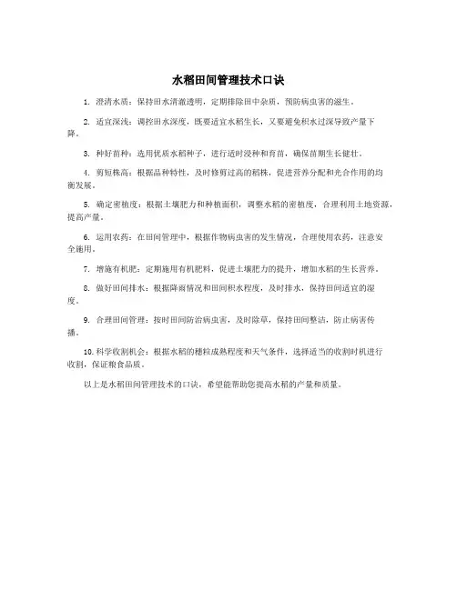 水稻田间管理技术口诀
