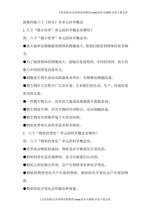 新教科版六年级下册科学各单元科学概念