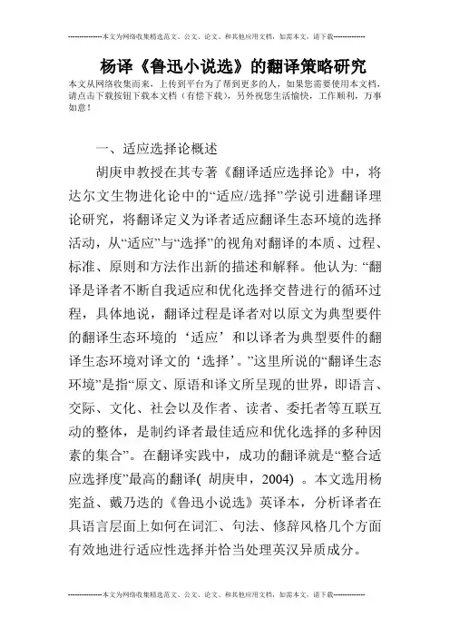 杨译《鲁迅小说选》的翻译策略研究