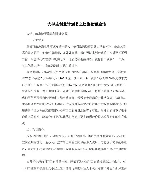 大学生创业计划书之蚁族胶囊旅馆