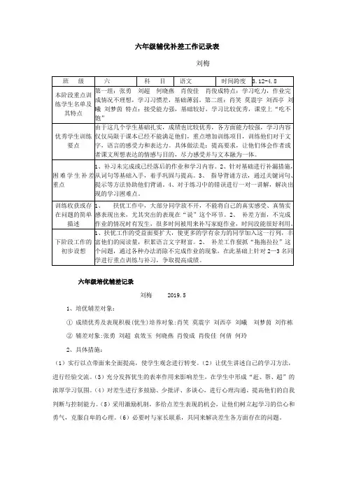 六年级辅优补差工作记录表