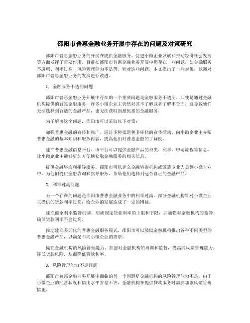邵阳市普惠金融业务开展中存在的问题及对策研究