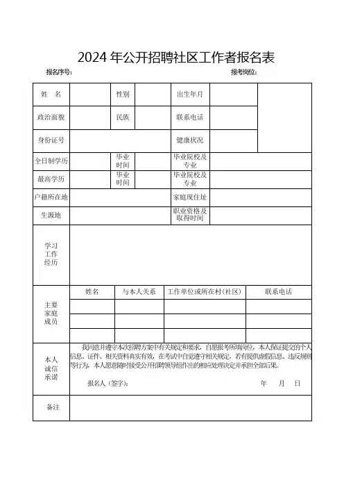 2024年公开招聘社区工作者报名表