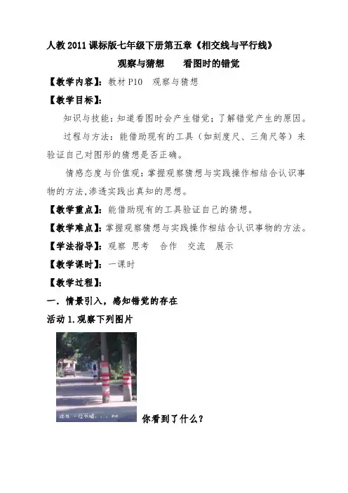 人教版七年级数学下册《观察与猜想：看图时的错觉》教学设计