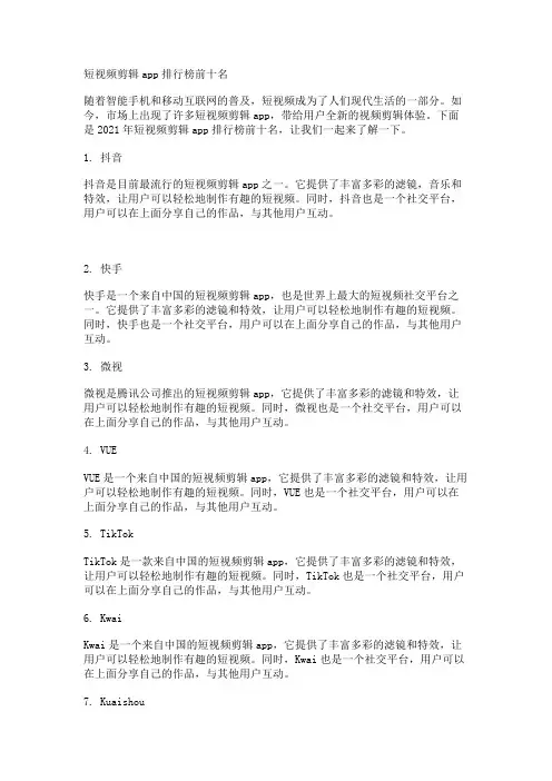 短视频剪辑app排行榜前十名