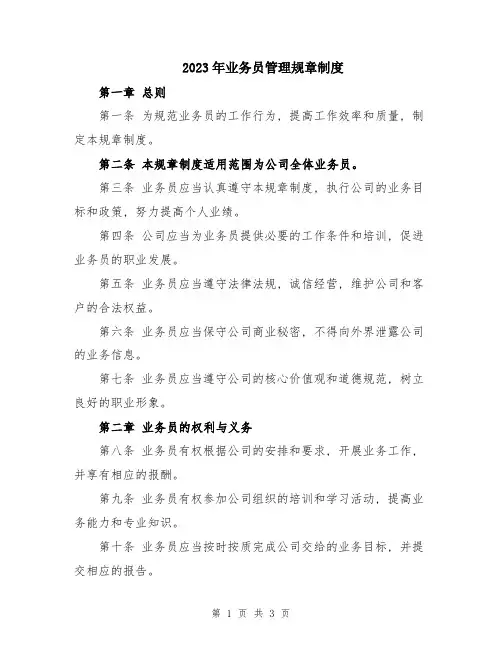 2023年业务员管理规章制度