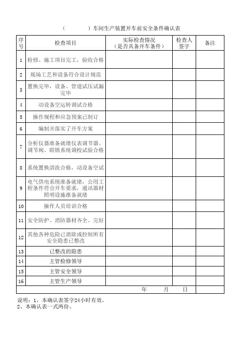 开车前安全条件检查确认表