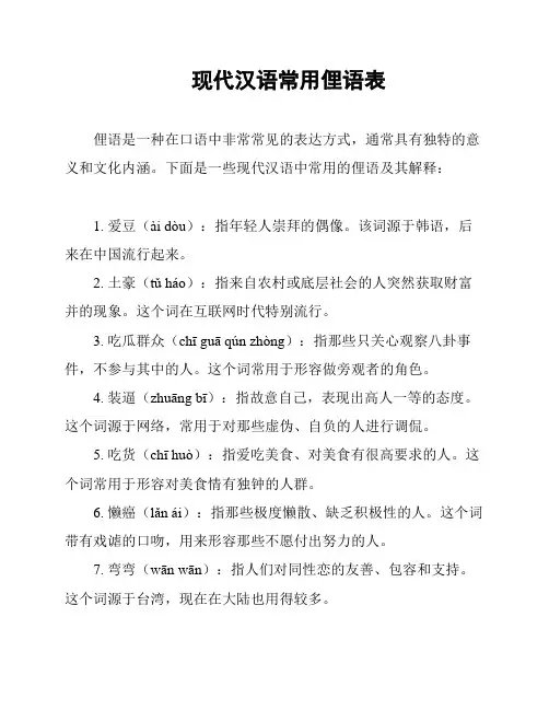 现代汉语常用俚语表