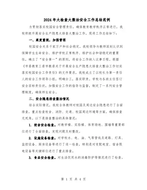 2024年大检查大整治安全工作总结范例（二篇）