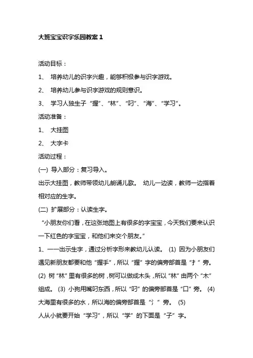 大班宝宝识字乐园教案