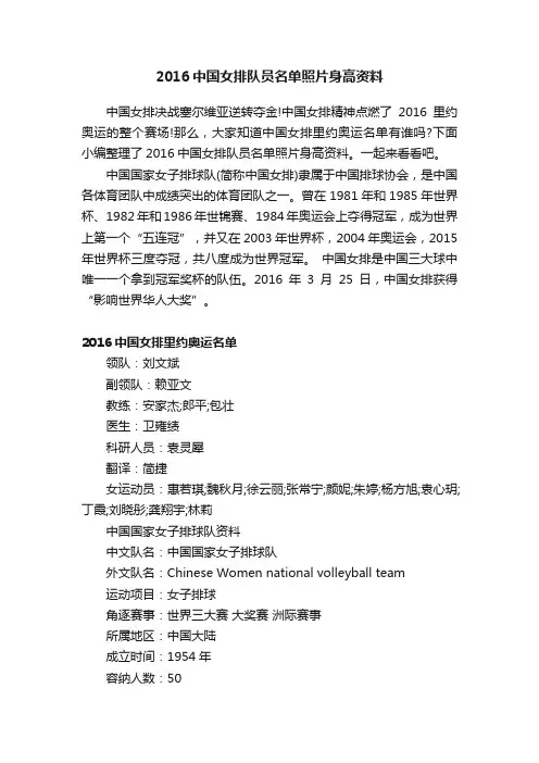 2016中国女排队员名单照片身高资料