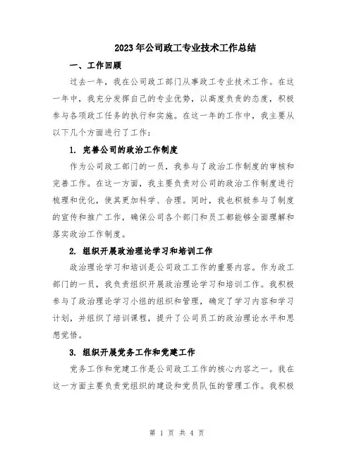2023年公司政工专业技术工作总结