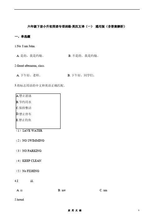 六年级下册英语试题-小升初专项训练之英汉互译(一)  (含答案解析)  通用版