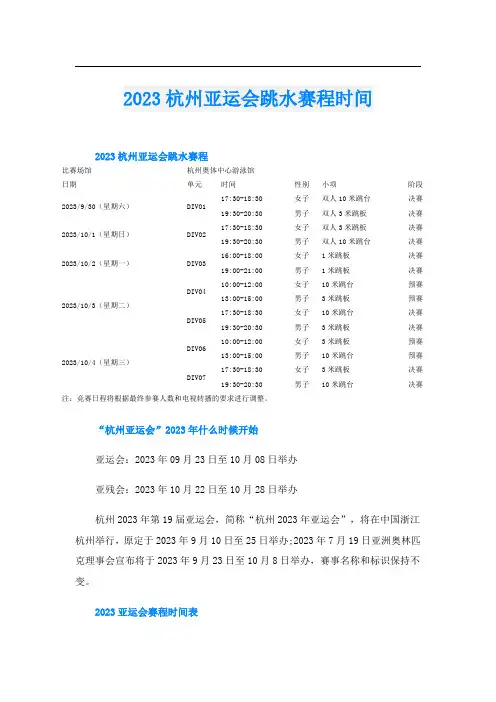 2023杭州亚运会跳水赛程时间
