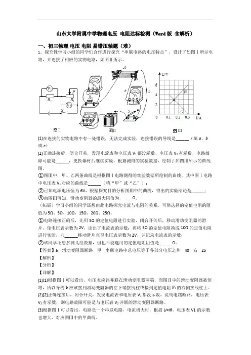 山东大学附属中学物理电压 电阻达标检测(Word版 含解析)