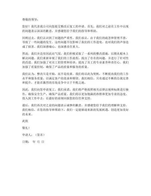 整改后复工申请书模板范文
