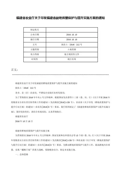 福建省农业厅关于印发福建省耕地质量保护与提升实施方案的通知-闽农土〔2016〕212号
