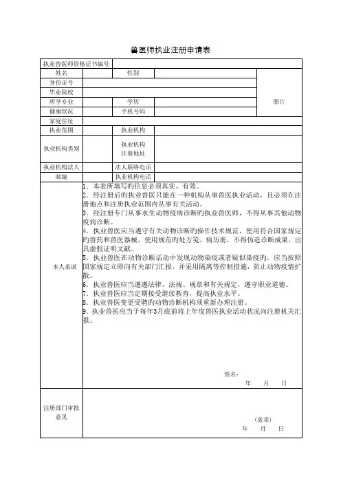 2022年兽医师执业注册申请表