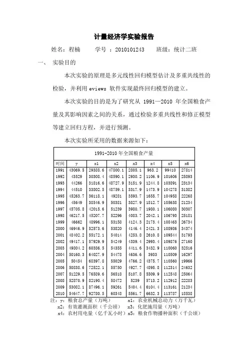 2010101243计量经济学第五次作业多元线性回归模型估计及多重共线性