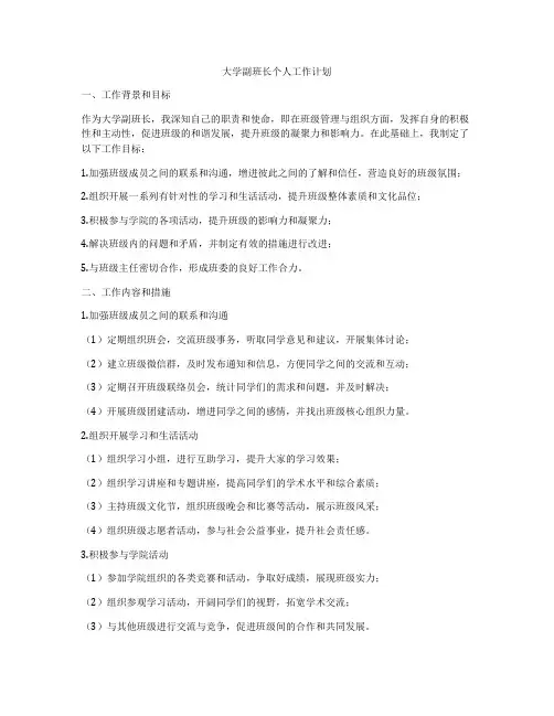 大学副班长个人工作计划