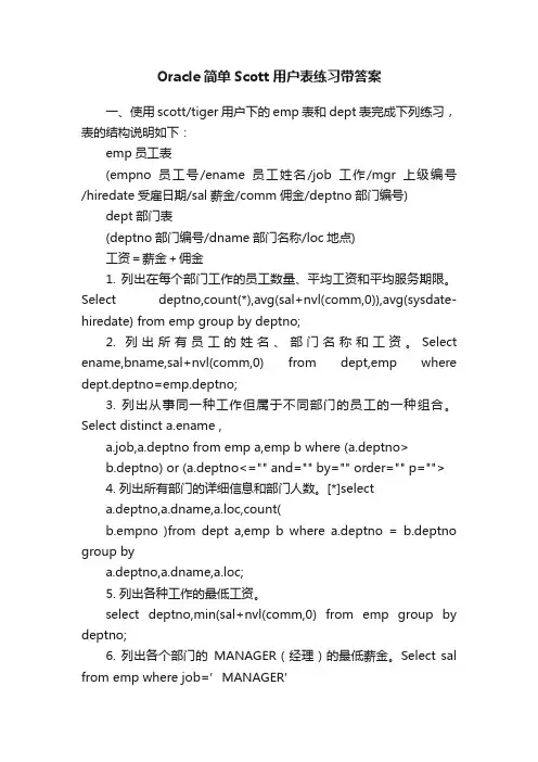 Oracle简单Scott用户表练习带答案