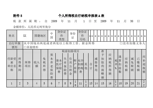 个人所得税自行纳税申报表A表填写范例