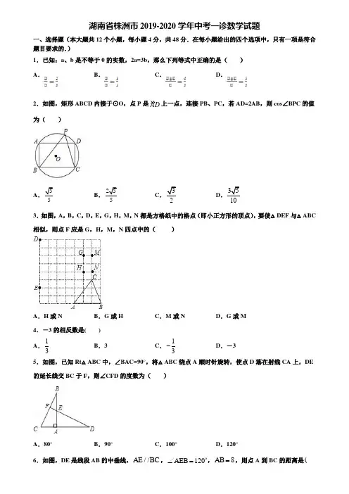 湖南省株洲市2019-2020学年中考一诊数学试题含解析